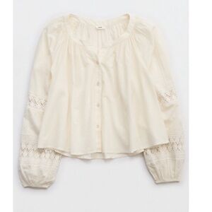 aerie Cream Button-Front Peasant Blouse with Lace Insets